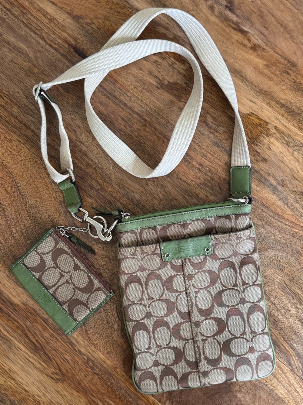 Vintage Coach Signature Logo Crossbody Bag Green Leather Trim Matching Wallet